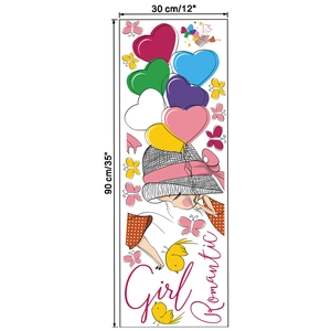 Flat lay detail of cartoon girl wall decal with colorful heart balloons and Romantic Girl text