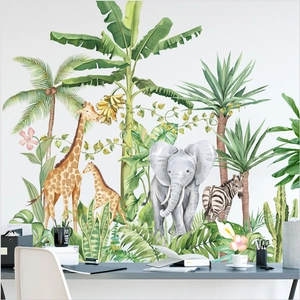 Watercolour tropical animal wall sticker with giraffe, elephant and palm trees for decor