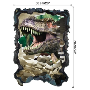 Detail view of 3D dinosaur wall sticker with dimensions 50x70cm showing T-Rex crashing through brick