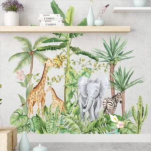 Jungle animals and tropical palm leaves wall stickers for nursery and living room decor