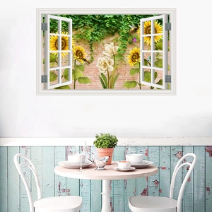 Adesivo da Parete 3D Finta Finestra Girasole Foglie Verdi Tulipano Impermeabile Autoadesivo in PVC Decorazione Casa