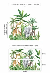 Detail showing tropical animal wall sticker layout and 75x72cm finished size guide