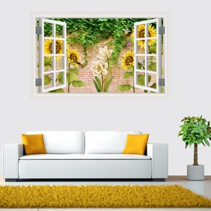 Adesivo murale finestra 3D con girasoli sopra divano bianco per arredo soggiorno