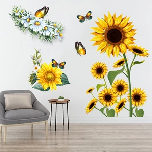 Self-adhesive wall sticker featuring vibrant sunflowers, daisies and yellow butterflies