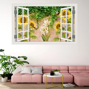 Adesivo murale finestra 3D con girasoli e tulipani in un soggiorno moderno