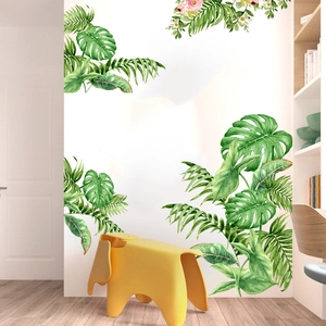 Tropical Monstera Leaves Pink Flower Wall Stickers Waterproof PVC Plant Decals For Living Room Bedroom Home Wall Decor