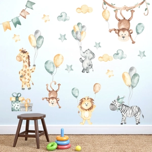 Detail of watercolor jungle animals wall stickers with giraffe and elephant for nursery