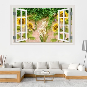 Adesivo murale 3D con finestra girasoli e viti verdi per decorare il soggiorno