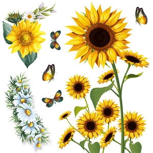 Adhesive wall decals featuring vibrant sunflowers, daisies, and colorful butterflies