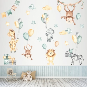 Watercolor animal wall stickers with giraffe and elephant for nursery room decoration