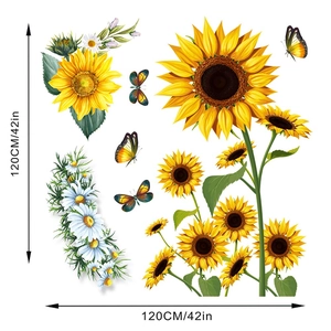 Detailed dimension layout showing sunflower and butterfly wall decals measuring 120x120cm