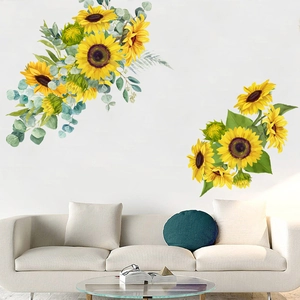 Adesivi murali autoadesivi con girasoli e foglie verdi per decorazione del soggiorno