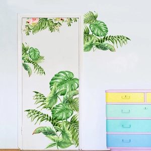 Tropical green leaves and pink roses wall stickers for door and corner decoration