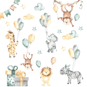 Self-adhesive watercolor animal wall stickers featuring giraffe lion and zebra for kids room