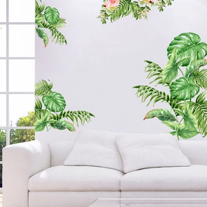 Tropical monstera and palm leaf wall stickers with pink flowers for home decor