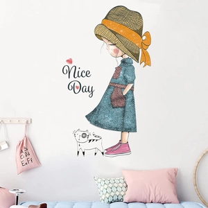 Cartoon Girl Cat Nice Day PVC Wall Sticker Removable Waterproof Self Adhesive Art Decal For Kids Bedroom Living Room Decor