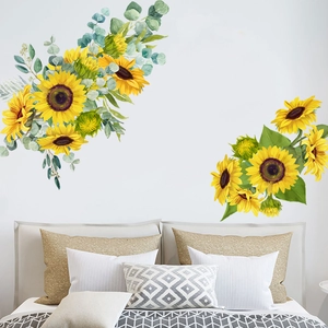 Adesivi Murali in PVC Con Girasoli e Foglie Verdi Impermeabili Autoadesivi Decalcomanie Floreali per Soggiorno Camera da Letto