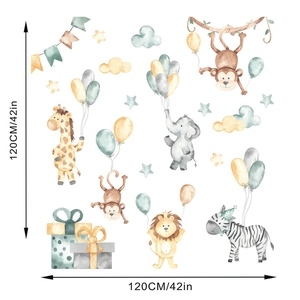 Detailed view of watercolor animal wall stickers set showing monkeys and giraffes