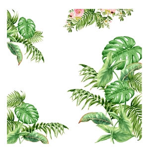 Tropical green leaves and pink roses watercolor wall decal set for home decoration
