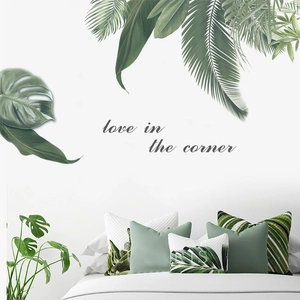 Tropical monstera and palm leaves wall stickers with artistic lettering for bedroom decor