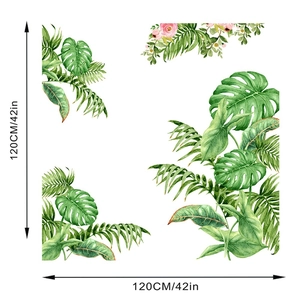 Detail showing tropical green leaf wall decals with dimensions 120cm by 120cm
