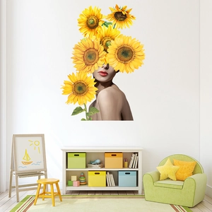 Artistic Sunflower Woman Portrait Wall Sticker Removable PVC Waterproof Floral Wall Decal For Living Room Bedroom Home Decor