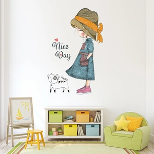 Self-adhesive wall sticker featuring cartoon girl, cat and Nice Day text for kid room