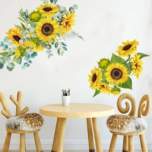 Adesivi murali con girasoli e foglie di eucalipto ad acquerello per decoro d'interni