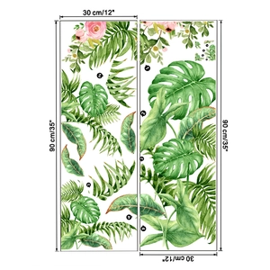 Detailed view of monstera and palm leaf wall stickers with 30x90cm size specifications
