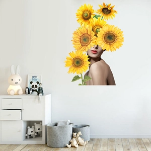 Self-adhesive sunflower wall sticker with female silhouette for modern home living room decor