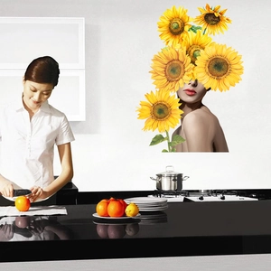 Detailed self-adhesive sunflower wall sticker featuring an artistic woman portrait design