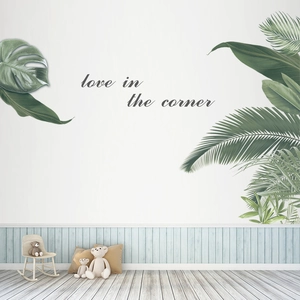 Tropical monstera plant wall stickers with Love in the corner text for living room decor