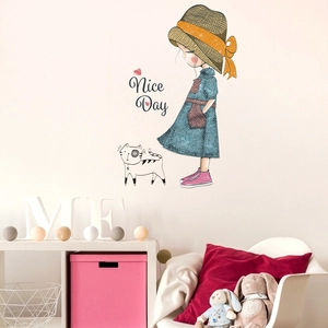 Cartoon girl and cat wall sticker with Nice Day lettering for kids' bedroom decor
