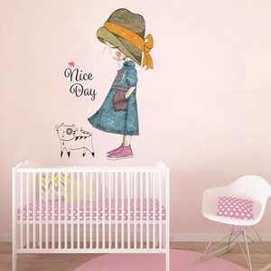 Cartoon girl and cat wall sticker for kids bedroom with Nice Day text decoration