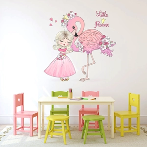 Cartoon Flamingo Mädchen Prinzessin Wandaufkleber PVC Wasserdicht Abnehmbar DIY Kinderzimmer Deko Für Mädchen Schlafzimmer