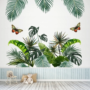 Nordic Tropical Rainforest Green Leaves Monstera Palm Butterfly Wall Stickers For Living Room Bedroom PVC Waterproof Home Decor
