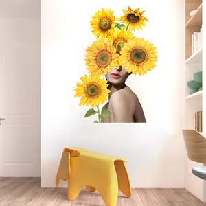 Artistic self-adhesive sunflower wall decal with woman portrait for modern living room decor