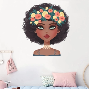 Removable PVC Afro African Girl Wall Sticker Floral Crown Portrait Decal For Kids Room Bedroom Home Decor Waterproof Mural