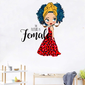 Cartoon girl wall sticker with The Future Is Female text for bedroom decoration