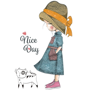 Self-adhesive wall decal featuring a girl in a straw hat and a cat with Nice Day text
