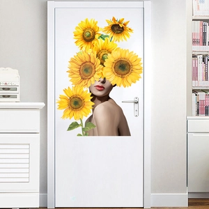 Artistic self-adhesive sunflower woman wall sticker for modern living room decor