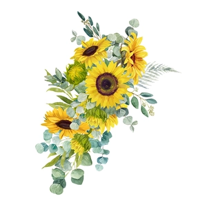 Dettaglio di adesivi murali girasole con foglie verdi e boccioli in stile acquerello