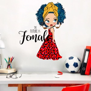 Self-adhesive cartoon girl wall sticker with The Future Is Female quote for bedroom decor