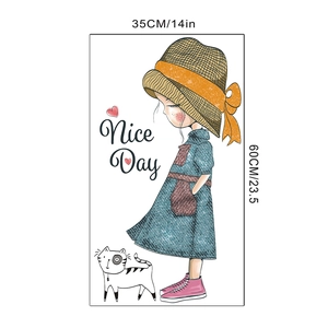 Detail view of cartoon girl and cat wall sticker showing 35cm by 60cm dimensions