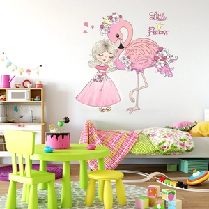 Wandsticker-Set mit rosa Mädchen und Flamingo für Kinderzimmer, Little Princess Motiv