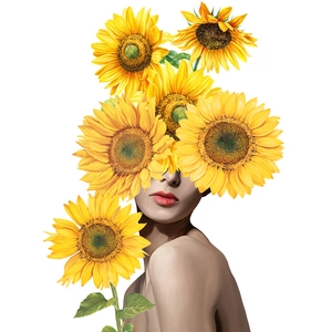 Self-adhesive sunflower wall sticker with female model for living room art decor