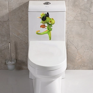 Funny 3D green dinosaur wearing sunglasses toilet sticker on white ceramic tank
