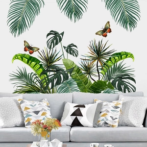 Tropical rainforest leaf wall stickers with monstera and butterflies for home decor
