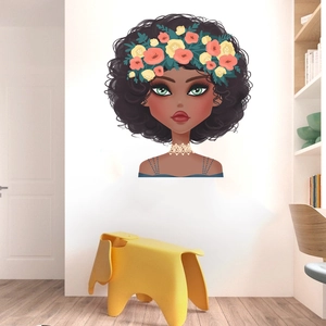 Self-adhesive girl wall decal with afro hair and flower crown for bedroom decor
