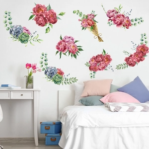 Watercolor peony and succulent wall stickers for minimalist living room and bedroom decor